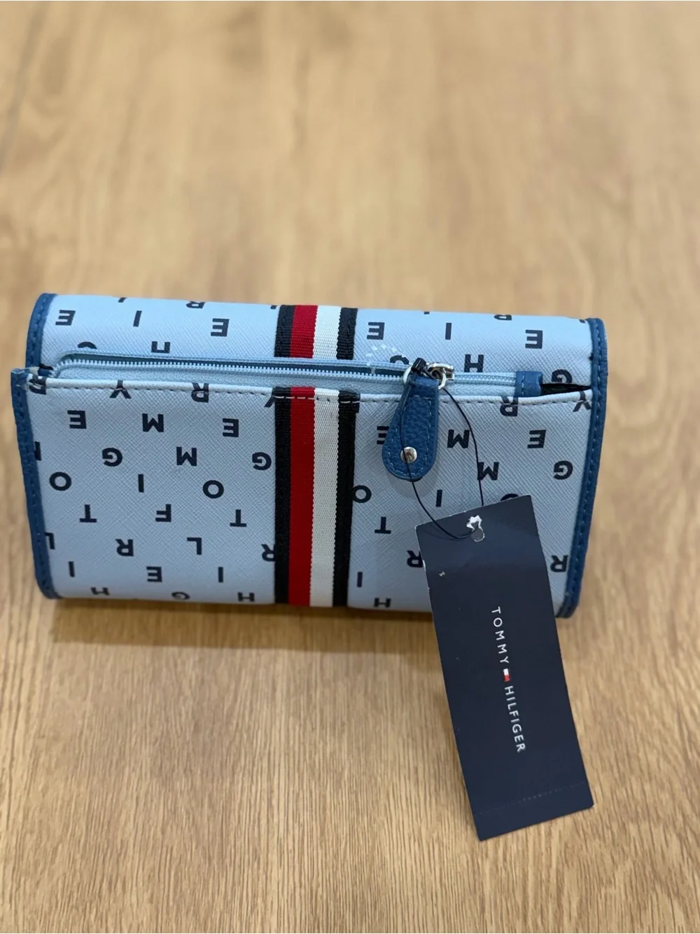 Tommy Hilfiger Light Blue Logo Stripe Trifold Wallet